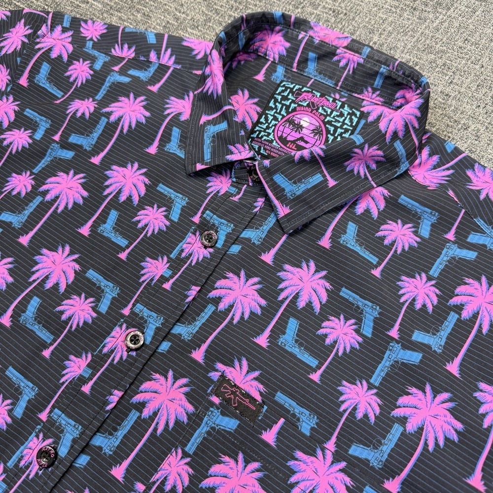 Retro Rifle Shirt Mens XL Black Pink Rising Palm Performance Button Up Guns